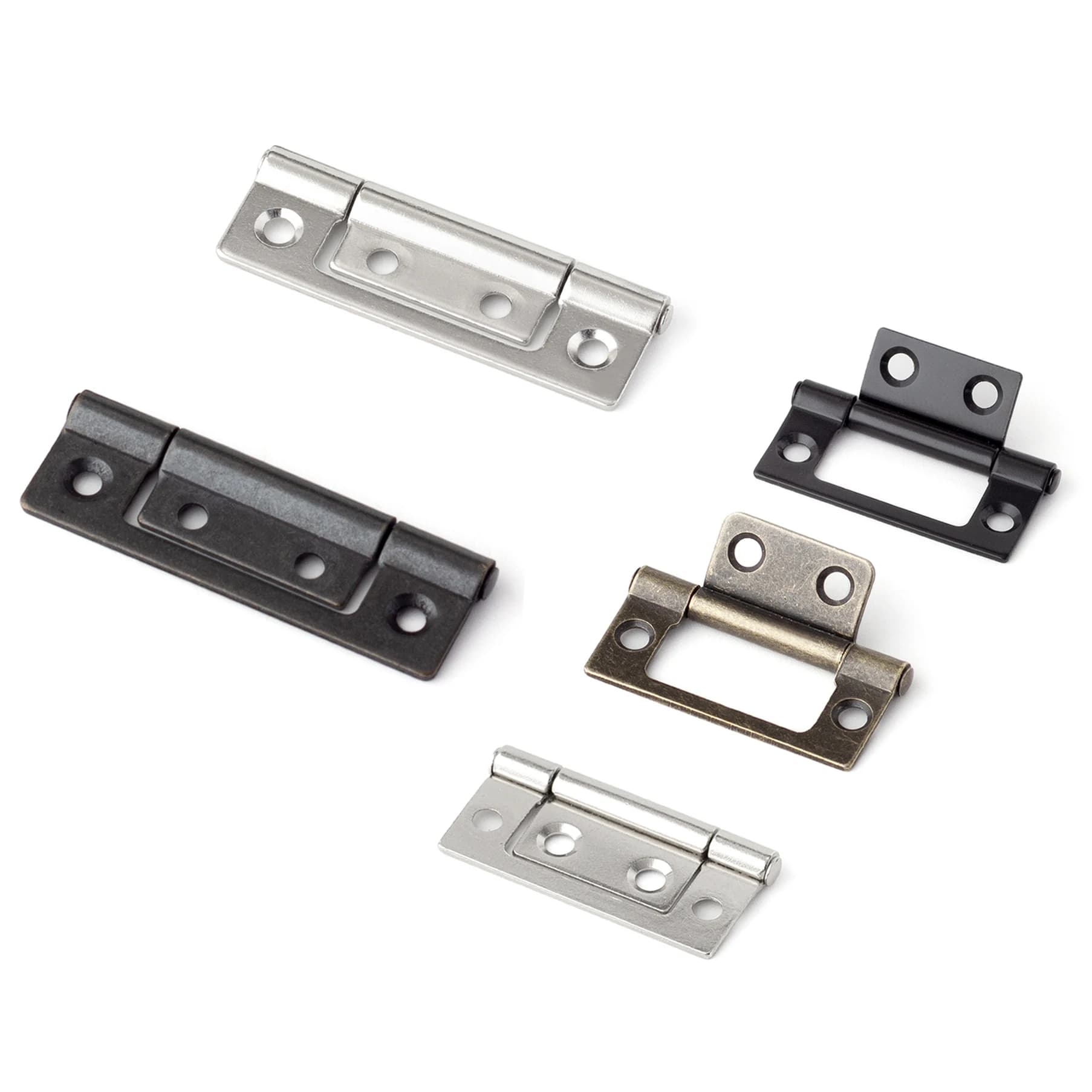 Two flat metal hinges with 360-degree rotation for cabinet doors, windows, wooden boxes, and furniture hardware accessories.