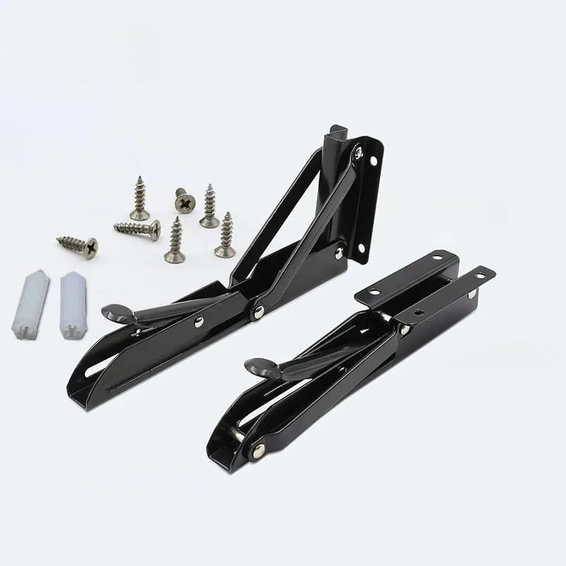 Adjustable Angle Brackets: Black folding shelf brackets with screws and wall anchors.