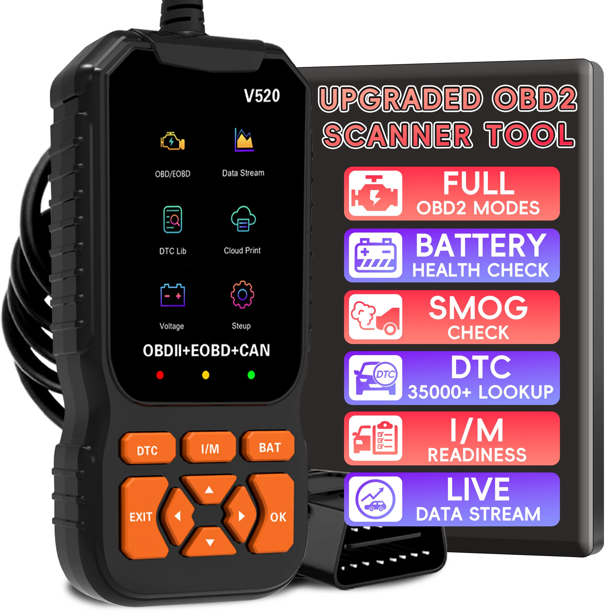Professional OBD2 engine scanner with lifetime free updates, reading DTCs and providing automotive diagnostic functions for engine systems.