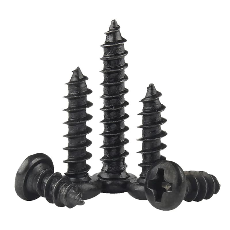100-piece assortment of black carbon steel Phillips round head self-tapping screws in M1 through M5 metric sizes.