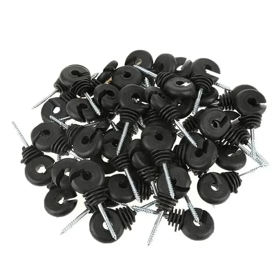 Electric fence insulators: a pile of black plastic insulators with screws on a white background.