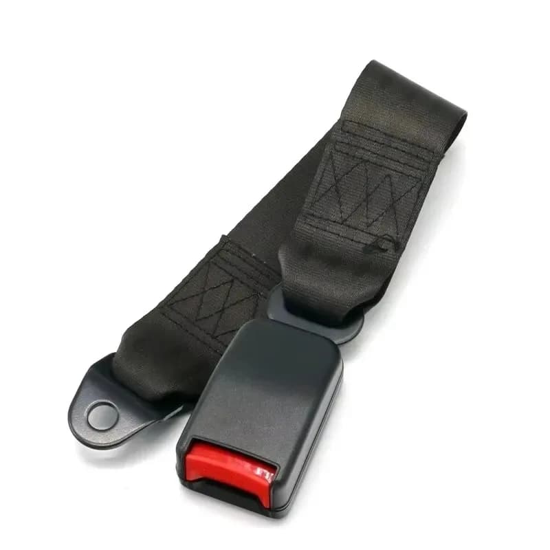 A universal car seat belt extender with a black buckle and strap, designed to increase comfort and accessibility.