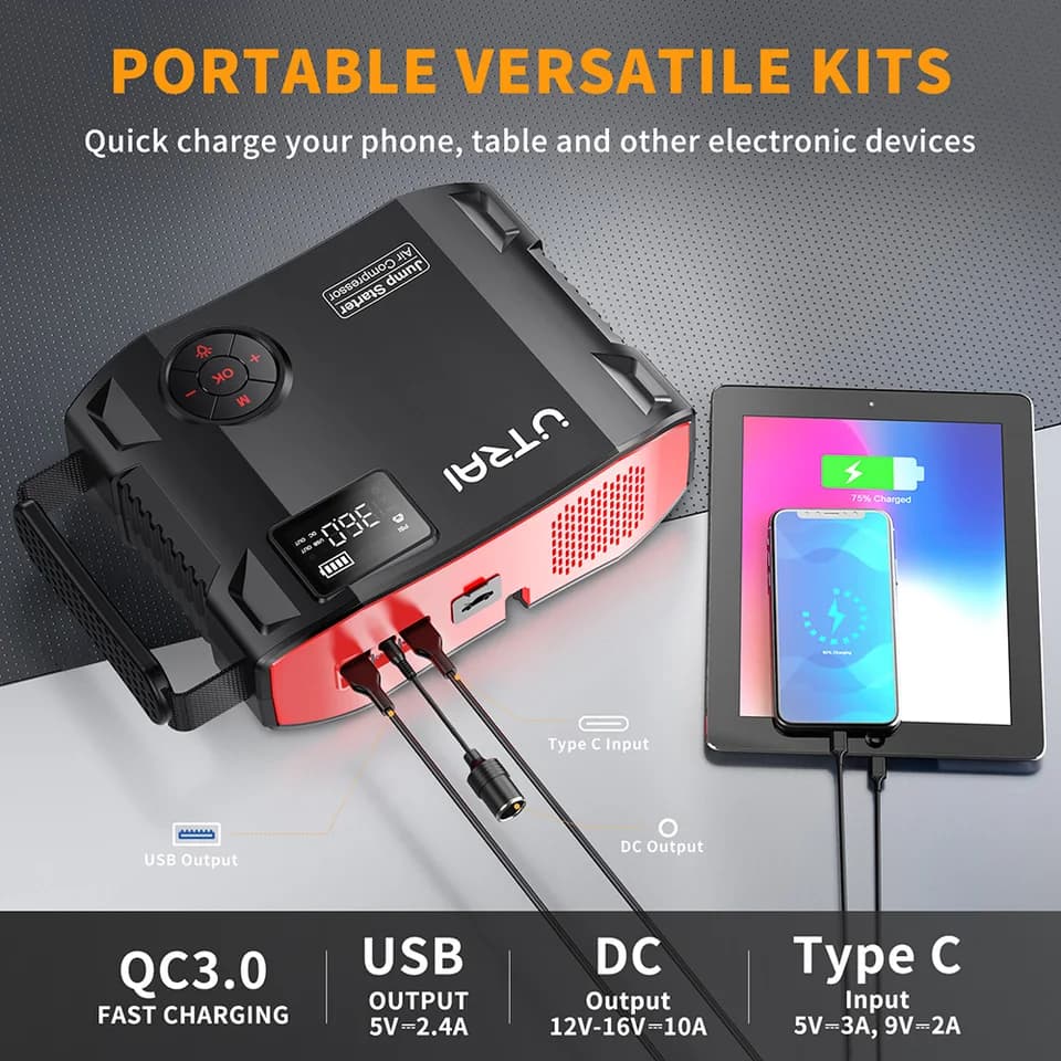 UTRAI Jump Starter | 2000A Power Bank & 150PSI Air Compressor | 12V Tyre Inflator - Thumbnail 7