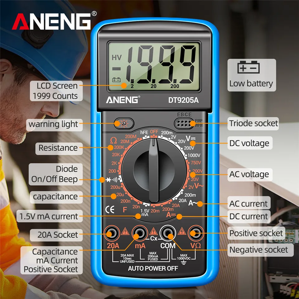 ANENG DT9205A-12 Multimeter | High Precision Digital Voltmeter | Electrician/DIY Tool - Thumbnail 5