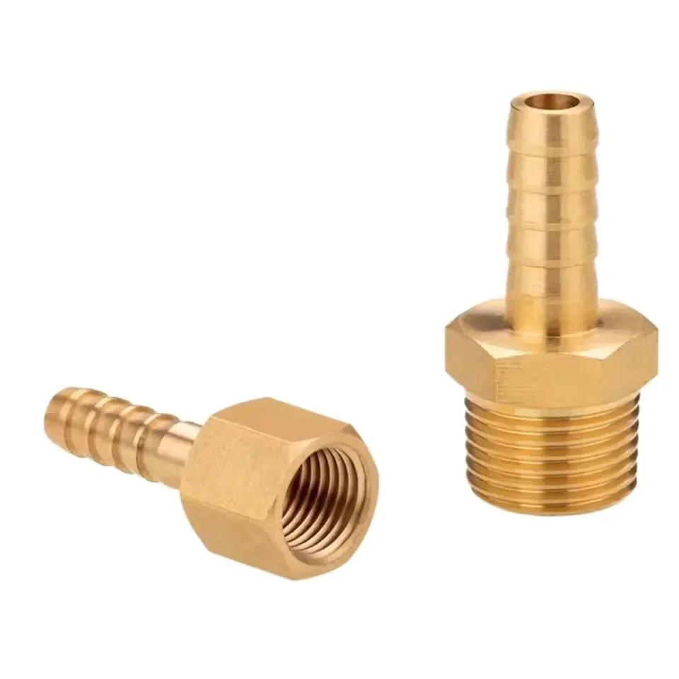 Flexible Pan Connector: Two brass hose barb fittings on a white background.