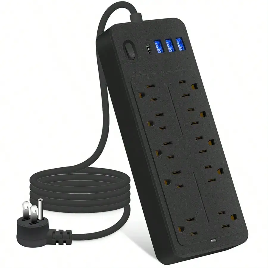 14-in-1 surge protector power strip with 10 AC outlets and 4 USB ports, featuring a flat plug design and 1625W capacity for home or office.