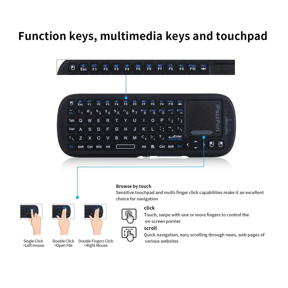 iPazzPort Wireless Keyboard | Touchpad Mouse Combo | For PC, TV Box, PS4 - Thumbnail 4