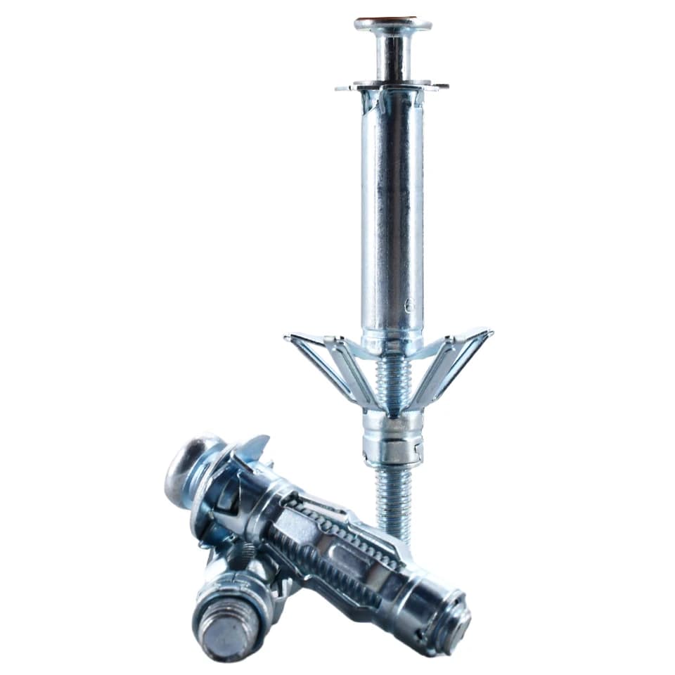 Plasterboard fixings: two metal anchors, one upright, one horizontal on white.