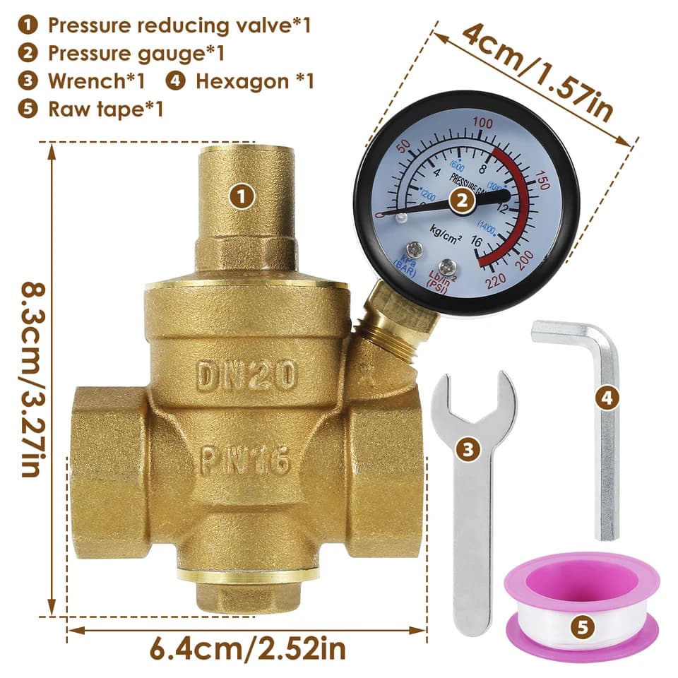 Adjustable Hot Water Pressure Reducing Valve | DN20/DN15 with Gauge | 3/4" 1/2" Universal - Thumbnail 3