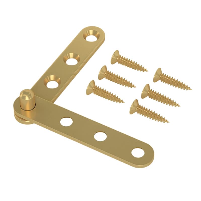 Pair of copper folding door fasteners with upper and lower hinges for hidden rotary hardware on furniture doors.