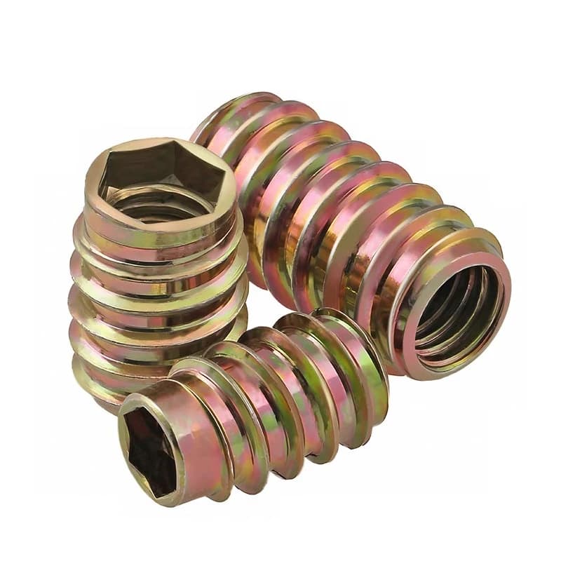 Carbon steel countersunk hex socket threaded insert nuts for wood furniture, available in M6, M8, and M10 sizes.