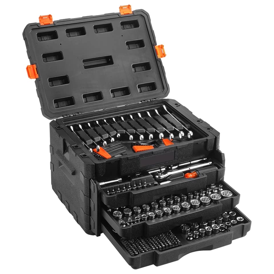 A comprehensive 450-piece SucceBuy mechanics tool set with 1/4", 3/8", 1/2" drive deep and standard sockets, perfect for various automotive tasks including using a spark plug gap tool.