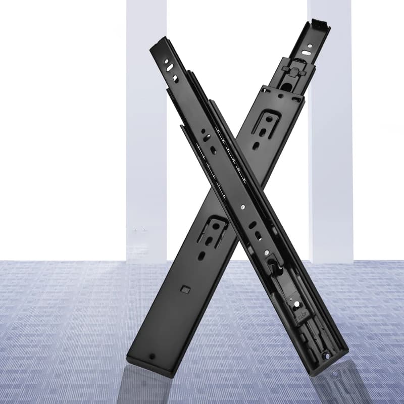 Black cold rolling steel 3-way drawer slide rail set for furniture, includes three-section slides from 8 to 22 inches.