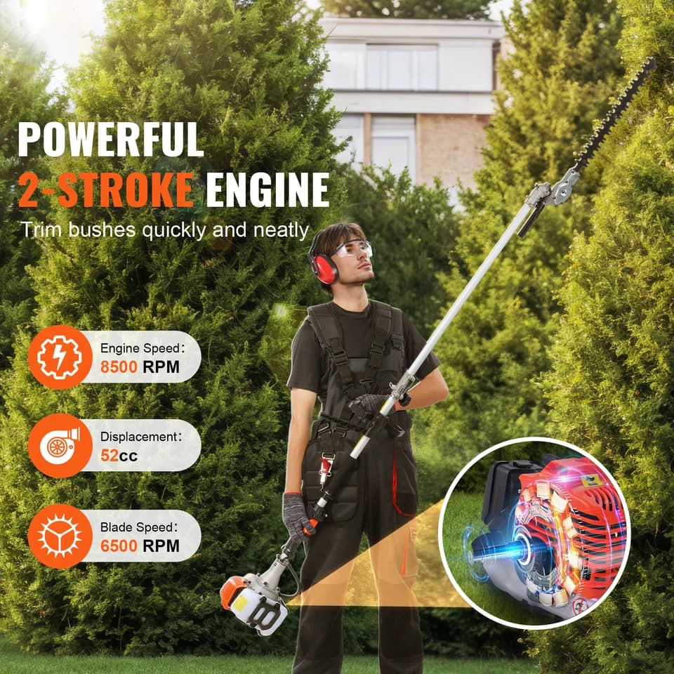52CC 6-in-1 Petrol Hedge Trimmer | Multi-tool Brush Cutter & Pole Saw - Thumbnail 3