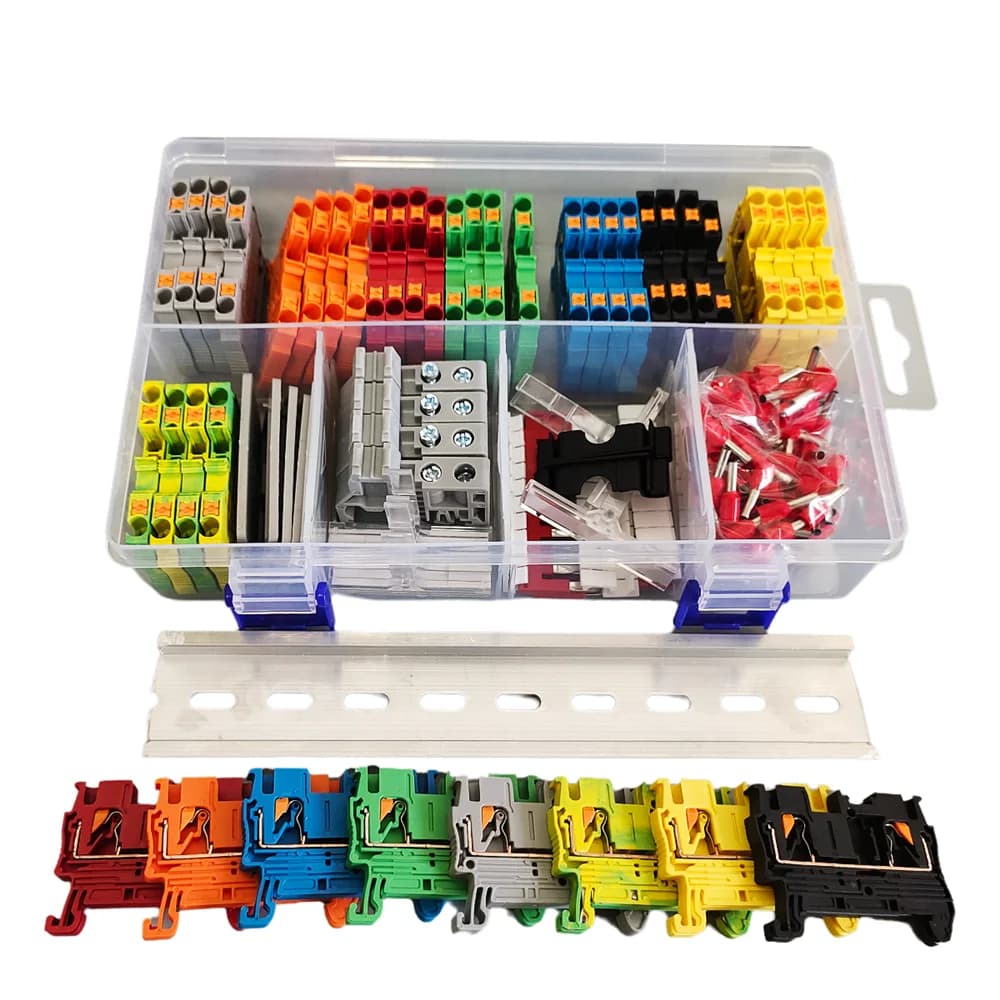 PT2.5 Push-in Terminal Block Kit with jumper bridges, markers, and DIN rail for organized remote control electronics assembly.