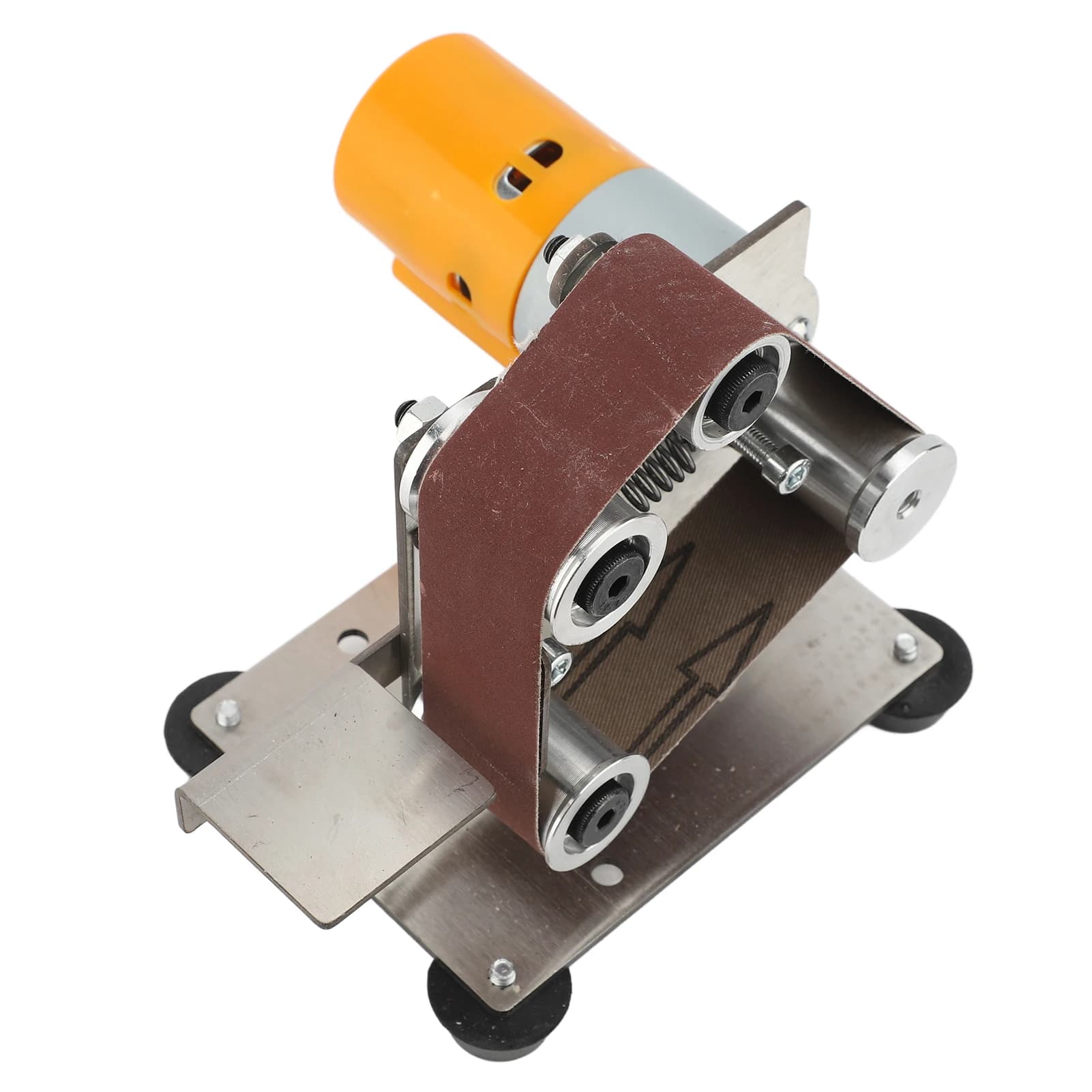Mini belt sander with double bearings and adjustable angle for vertical benchtop sanding in home workshops.