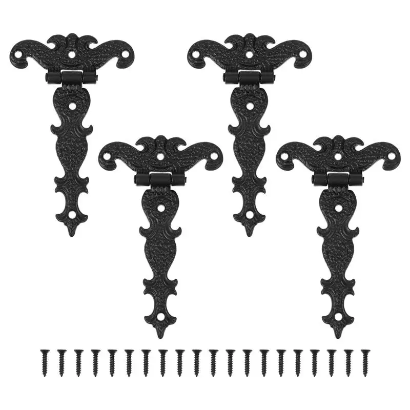 Four black European-style suitcase hinges with retro decor for wooden gift boxes, cabinets, or accessory doors.