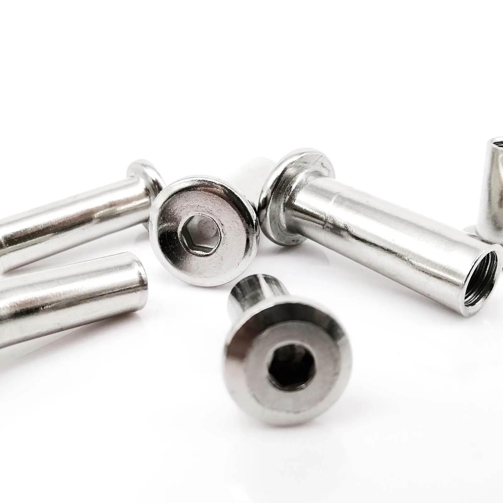 304 stainless steel flat hexagon socket head furniture rivet insert connectors in sizes M3 to M10 and lengths 5-120mm.