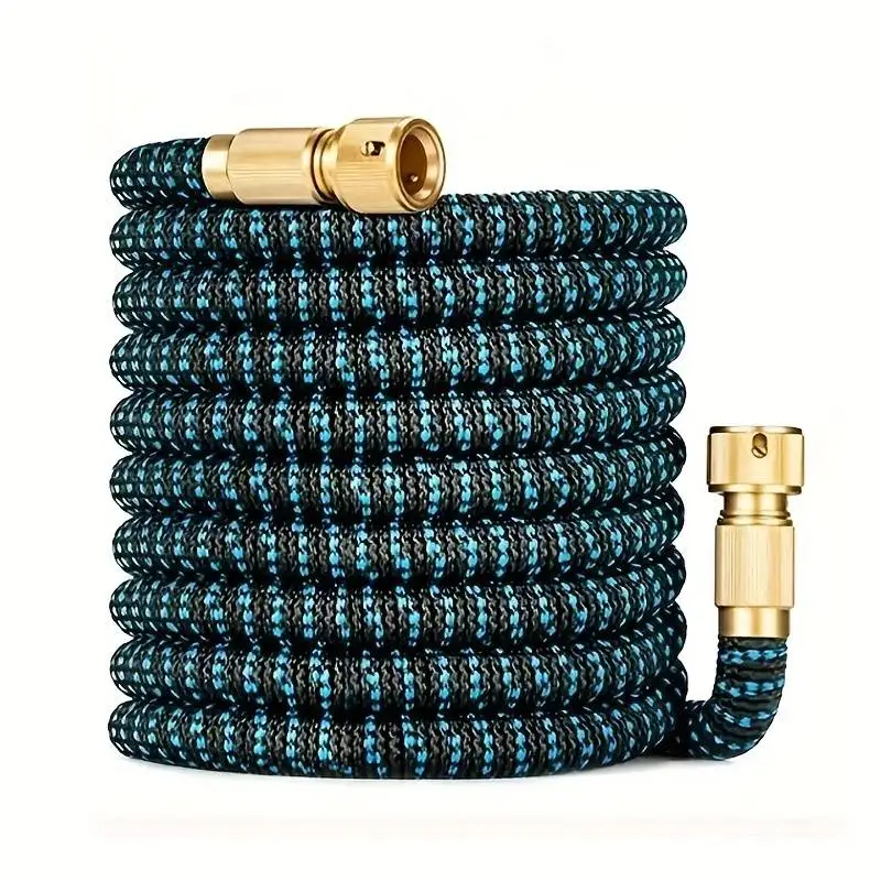 Garden hose, coiled with brass fittings, on a white background for a clean product shot.