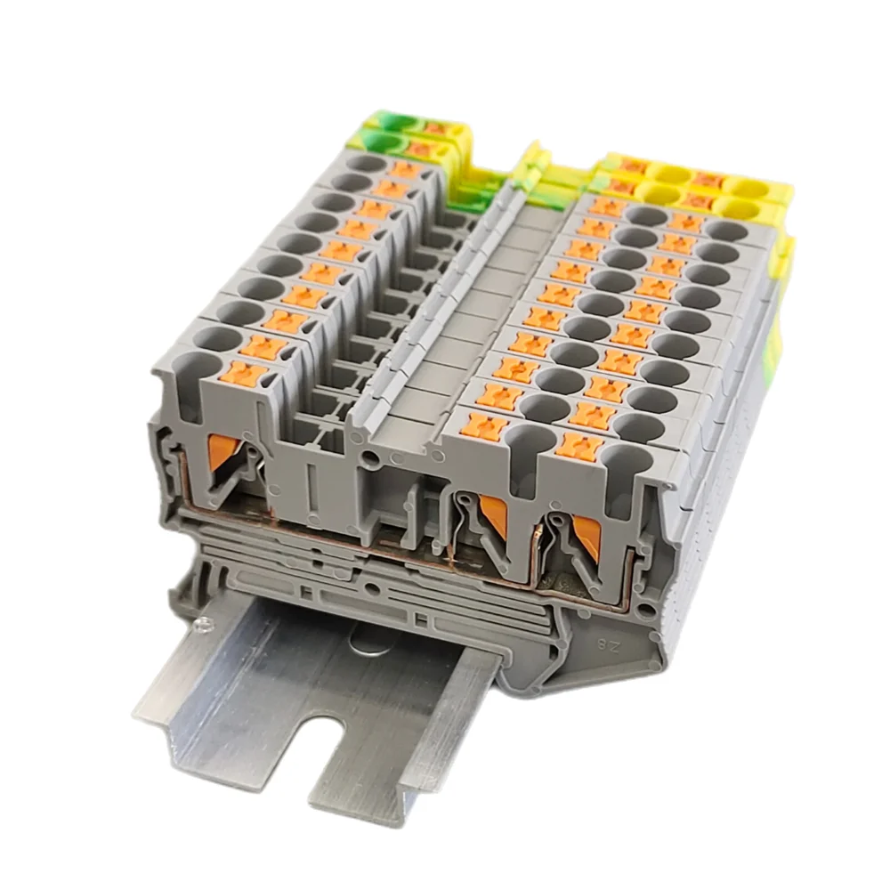 PT2.5-TWIN push-in terminal block with 10 pieces, 3-conductor power strip for DIN rail mounting in electrical panels.