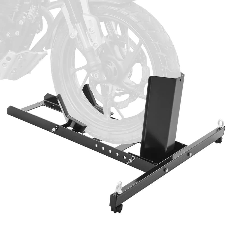 SucceBuy heavy-duty steel motorcycle wheel chock, upright design with adjustable holes, supporting up to 1800lbs for secure motorbike storage.