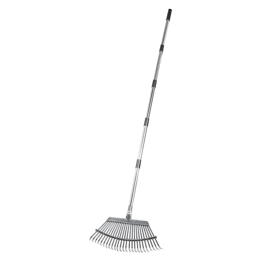 Heavy-duty adjustable leaf rake with 25 metal tines, an 18.3-inch wide head, and a handle that extends from 36.4 to 72.8 inches.