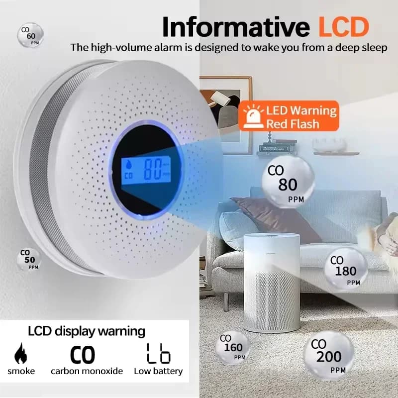 Carbon Monoxide Detector & Smoke Alarm | Electrochemical Sensor 85dB | LCD Display for Home Safety - Thumbnail 3