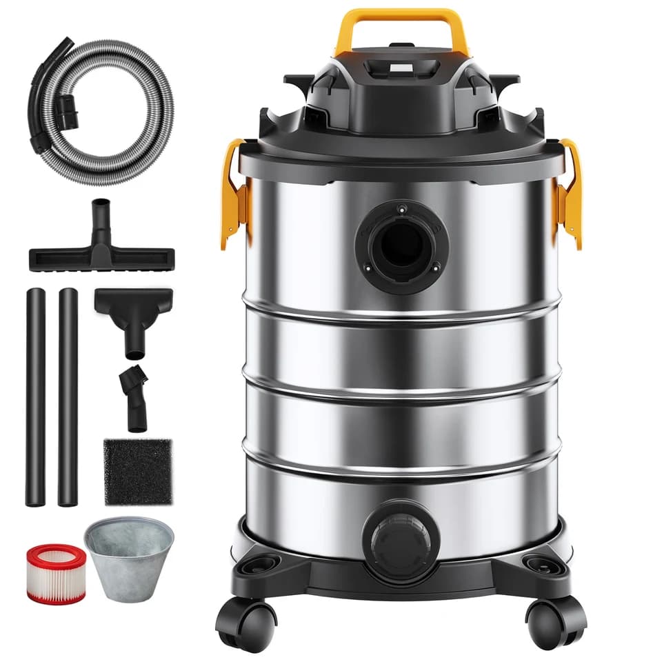Wet Dry Vacuum for Carpet Spot Cleaner and all accessories on white.