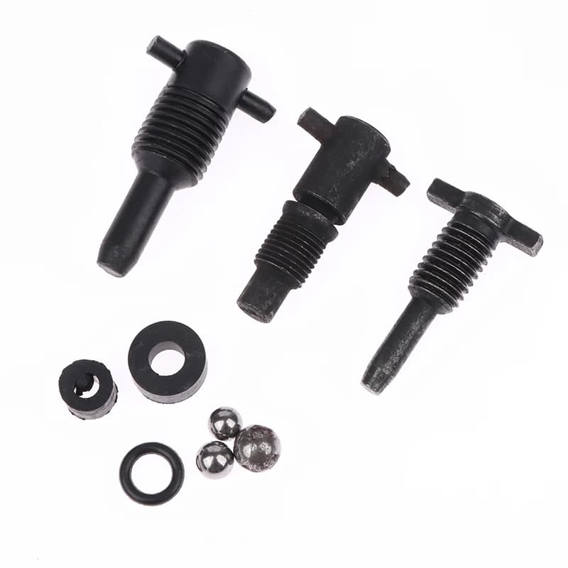 Return oil pressure relief valve switch for a vertical hydraulic jack, showing the oil release screw and seal.