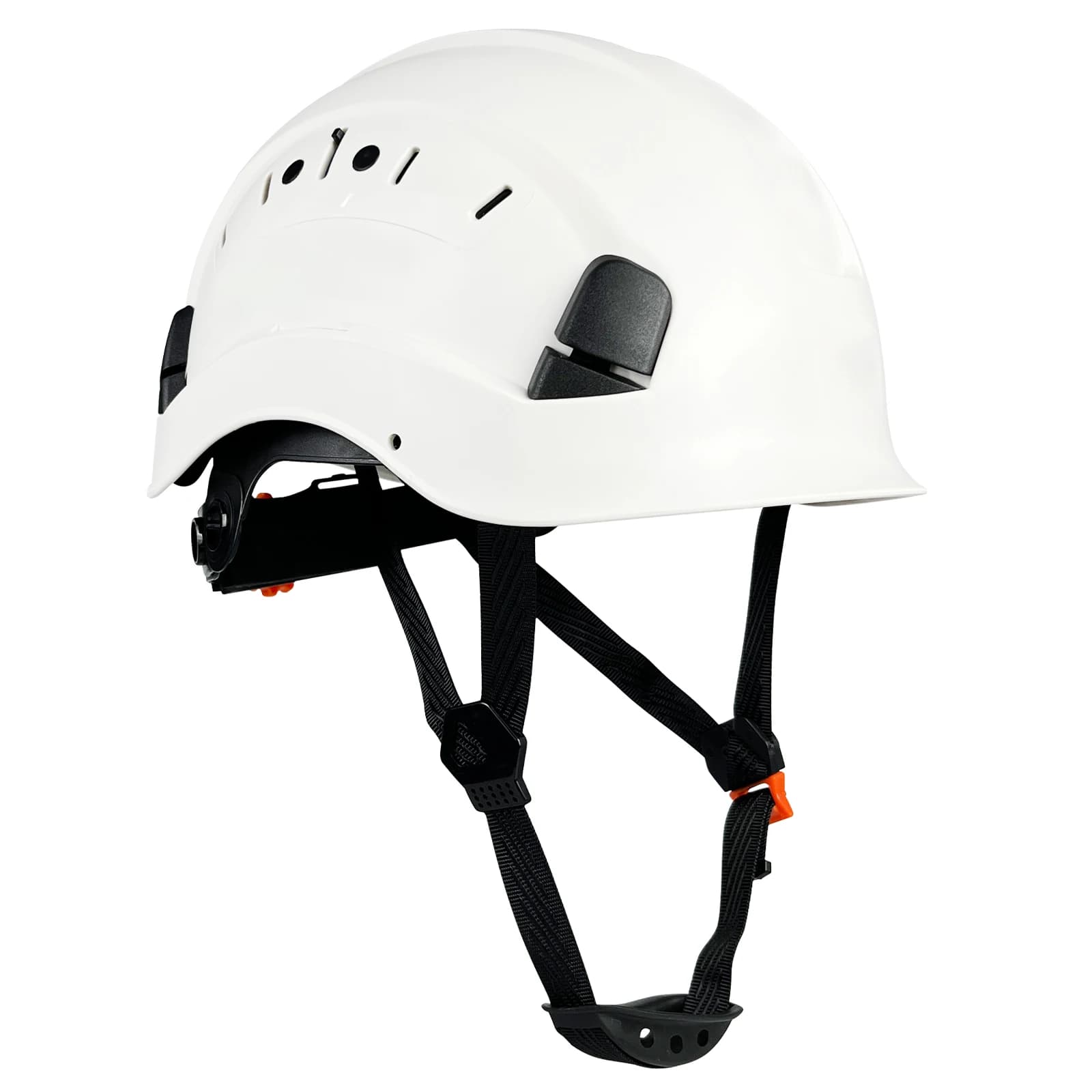 Ventilated work safety hard hat with slotted design, adjustable ratchet system, and CE certification for industrial construction use.