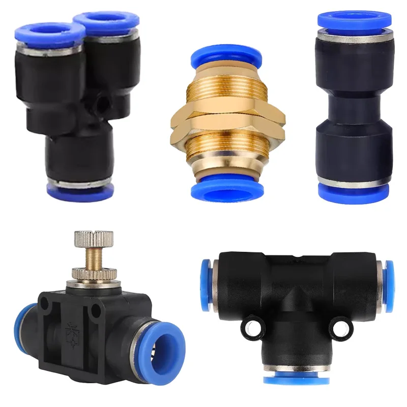 5 to 10 piece set of PU, PE, and nylon pneumatic quick connector fittings for 4mm to 12mm air hoses, displayed on a blue background.