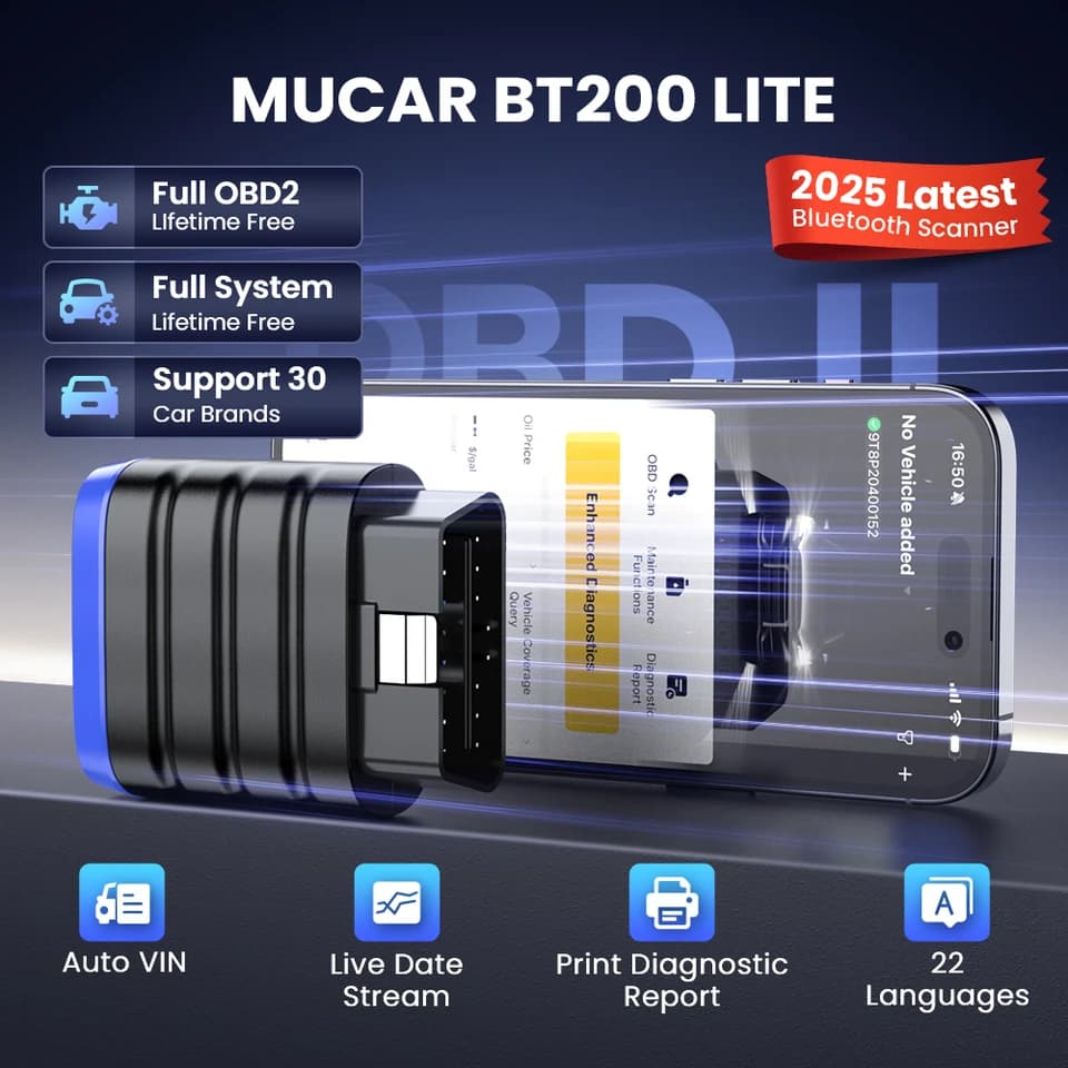 MUCAR BT200 Lite OBD2 Scanner | Full System Diagnostics | Live Data Car Fault Code Reader - Thumbnail 3