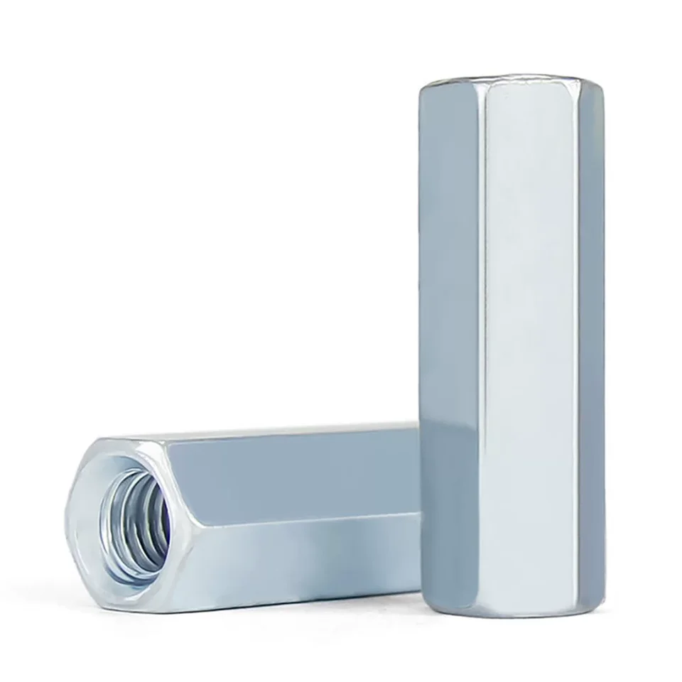 M4-M16 Zinc Plated Hex Coupling Nut: Two metal hex standoffs, one upright, one lying down.