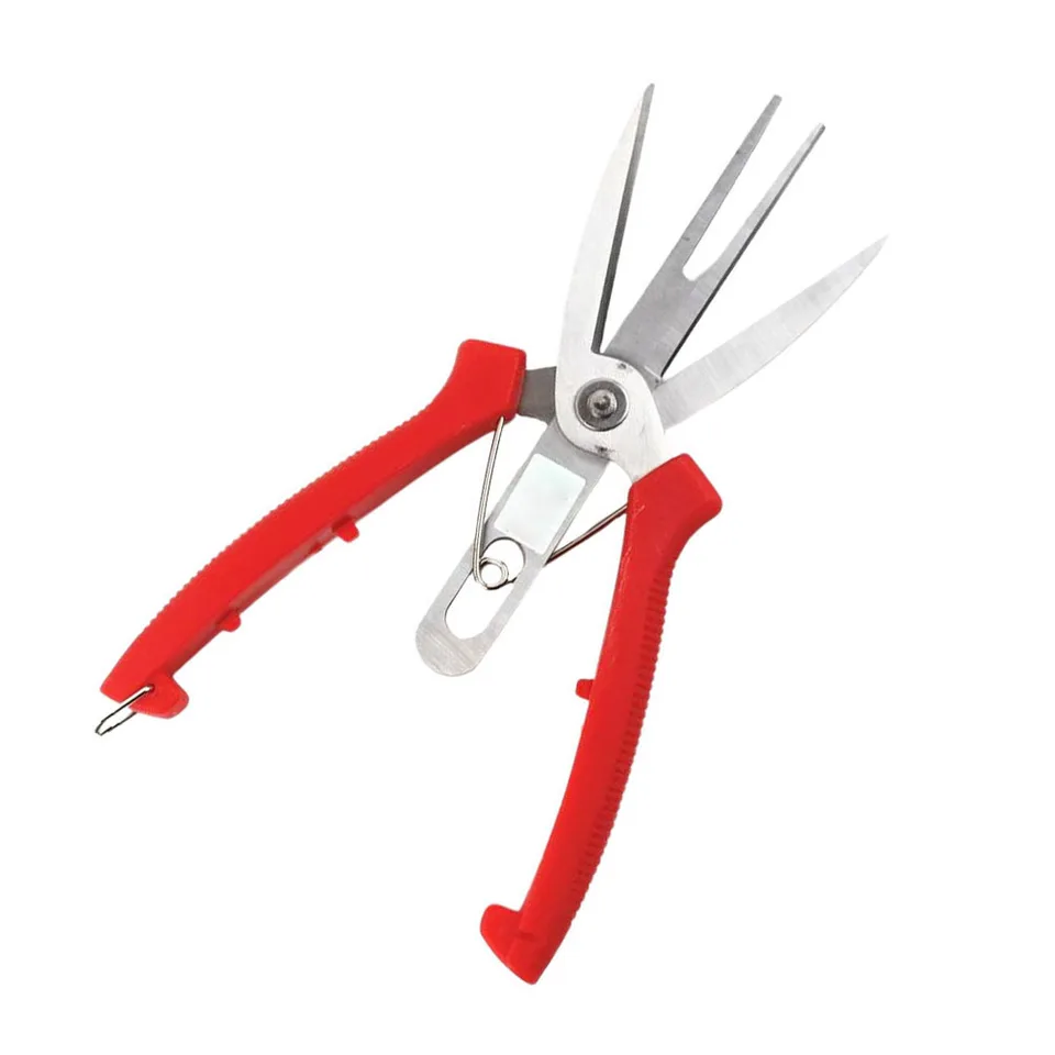 Secateurs with red handles on a plain white background.