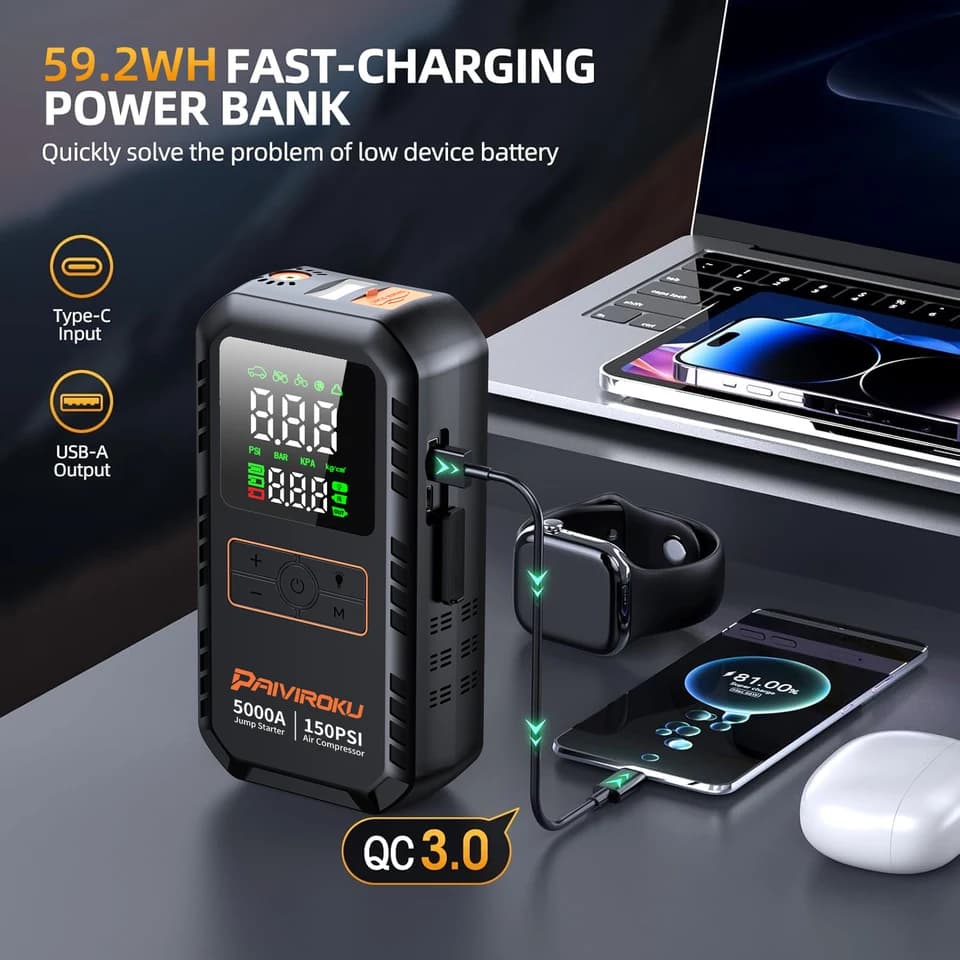 Car Starter | 5000A Jump Box with 150PSI Air Pump | Portable Power Bank - Thumbnail 6