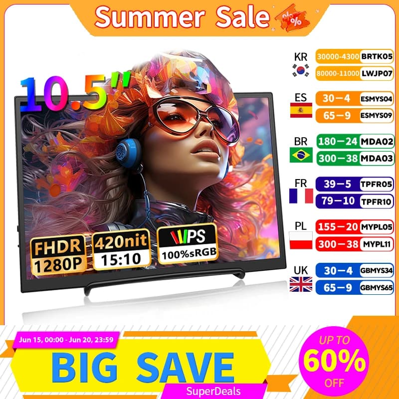 10.5" Portable Monitor 1280P 100%sRGB | Dual Speakers | For Laptop & Console - Thumbnail 2