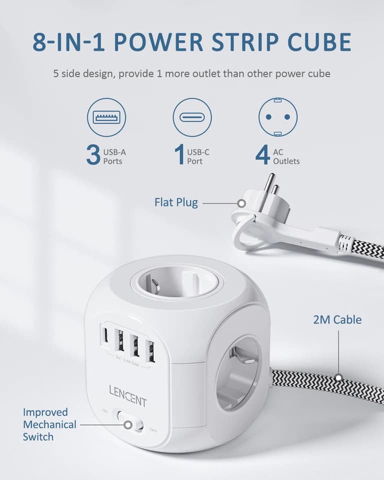LENCENT Power Cube Extension Lead | 4 AC, 3 USB, Type C | 3M Cable with Switch - Thumbnail 2