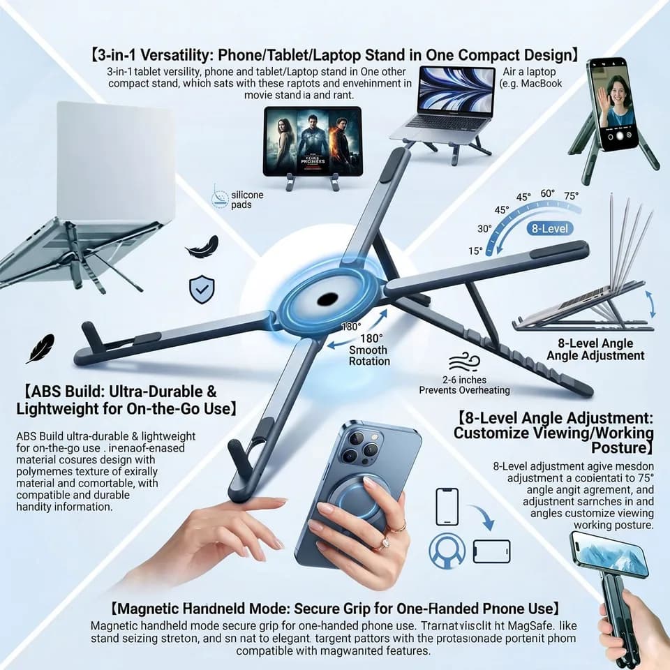 Foldable Laptop Stand | Magnetic & Adjustable | Phone/Tablet Holder - Thumbnail 5