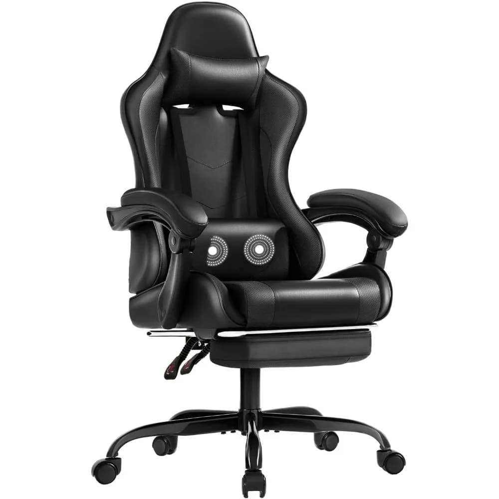 Ergonomic swivel gaming chair with built-in footrest, massage lumbar support, and height-adjustable seat for extended comfort.