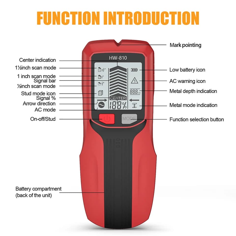 6-in-1 LCD Stud Finder | Live Cable & Metal Detection | Wall Scanner Depth Measurement - Thumbnail 6