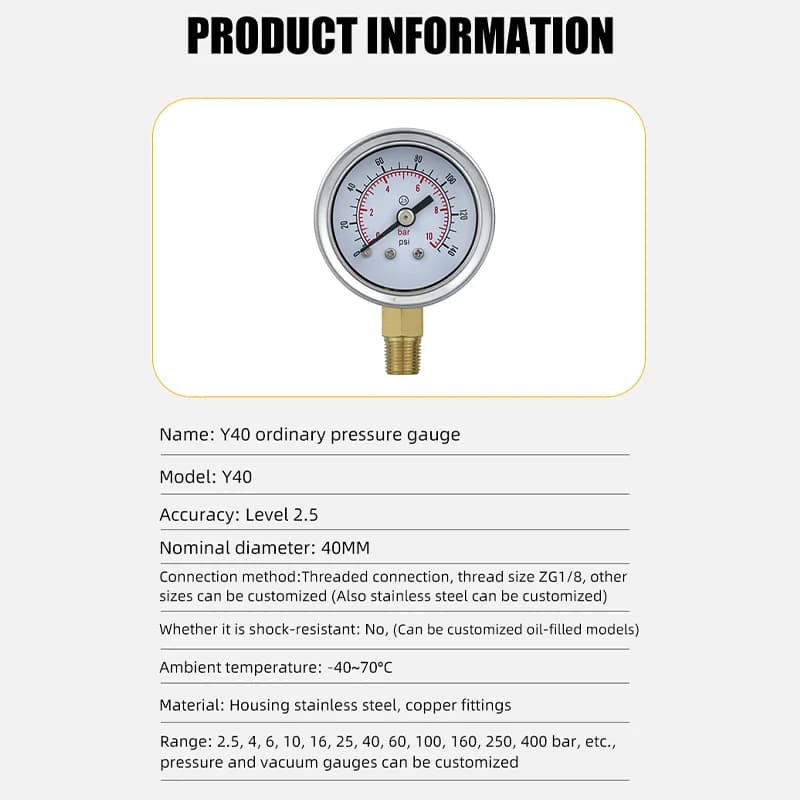 Glycerin-Filled Fuel Pressure Gauge | Stainless Steel Case | 40mm 1/8 Thread - Thumbnail 4
