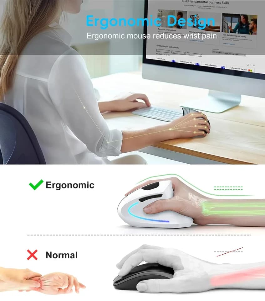 Ergonomic Mouse Dual Mode Wireless | 2.4G Bluetooth RGB 1600 DPI | Silent for PC Laptop - Thumbnail 6