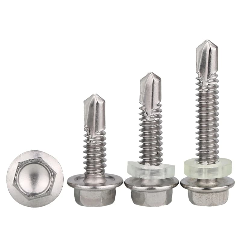 Stainless steel hex washer head self-drilling screws with TEK point, available in 4.2mm and 4.8mm diameters for metal fastening applications.