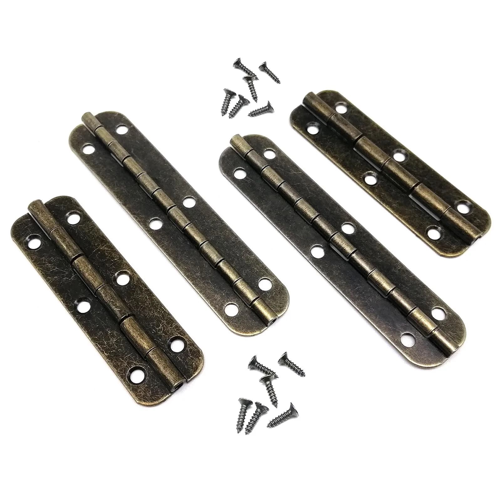 Antique brass elongated hinges measuring 15x50/65mm for jewelry chests, wooden music boxes, wine cases, and dollhouse cabinets.