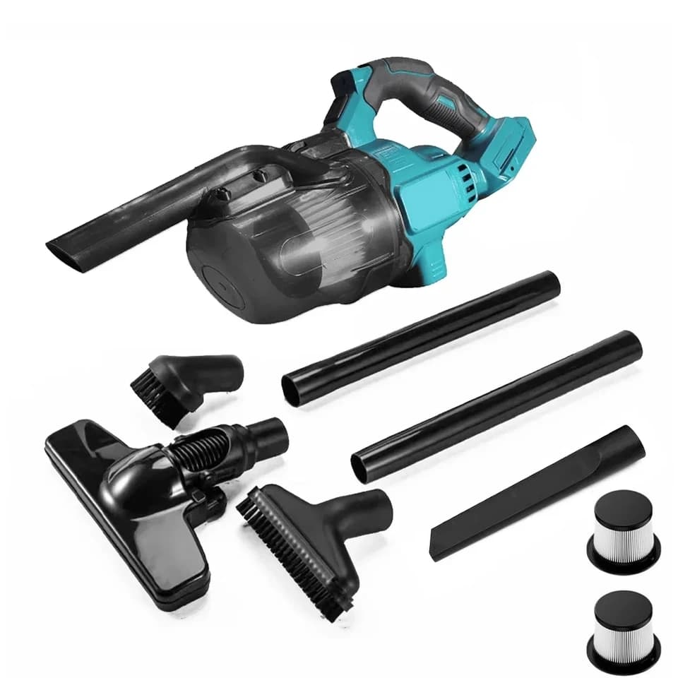 Makita 18V Carpet Spot Cleaner with attachments and two filters on a white background.