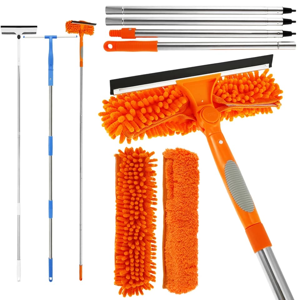 Extendable Window Cleaner Brush | 180° Rotatable Long Handle | Squeegee & Dust Cleaner