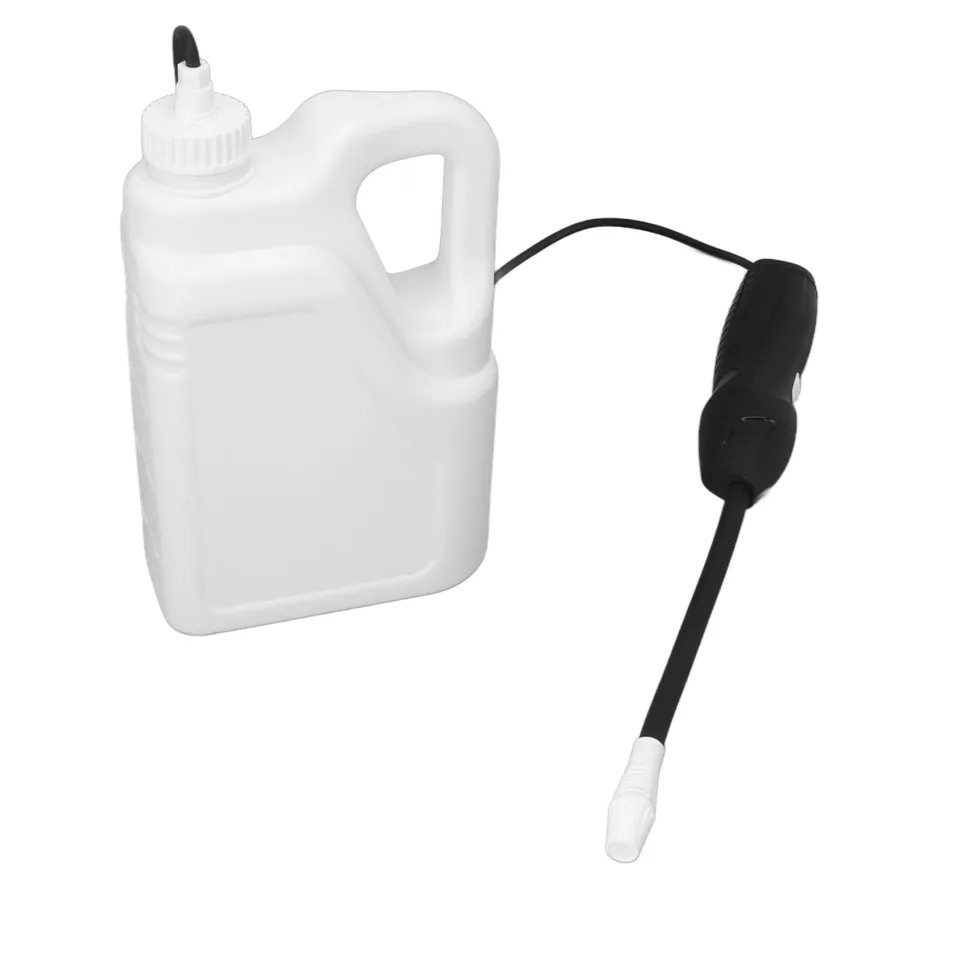 Rechargeable Knapsack Sprayer: white plastic container with black hose and nozzle on white.