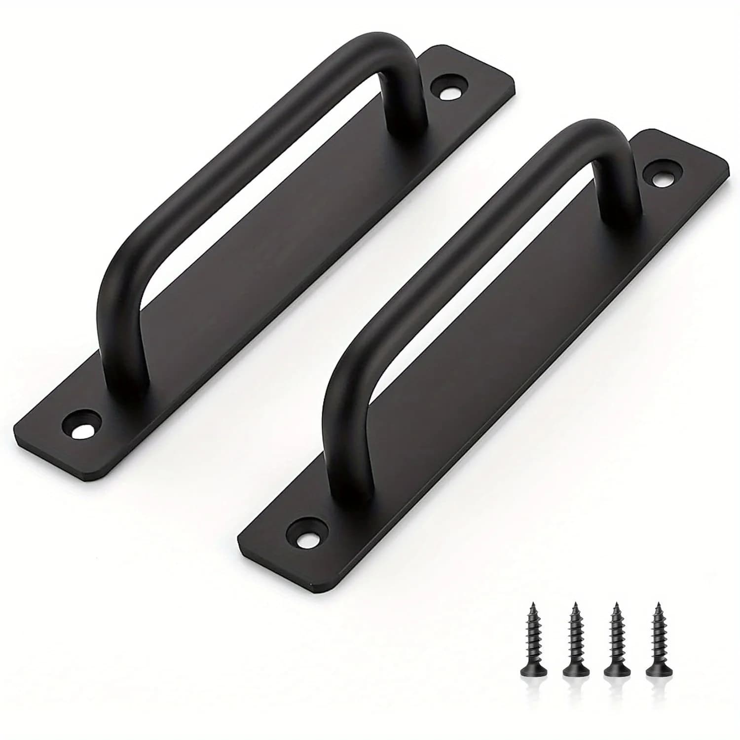 Two black aluminum barn door handles with 150mm hole centers, includes installation hardware for sliding cabinet or closet doors.