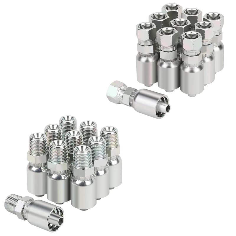3/8 inch hydraulic hose crimp fitting with swivel JIC 37-degree female or NPT male adapter for durable fluid connections.