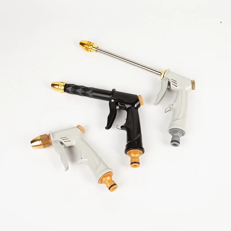 High-pressure car washer water gun with pacifier-type extended rod, metal electroplated frosted finish for household auto cleaning tasks.